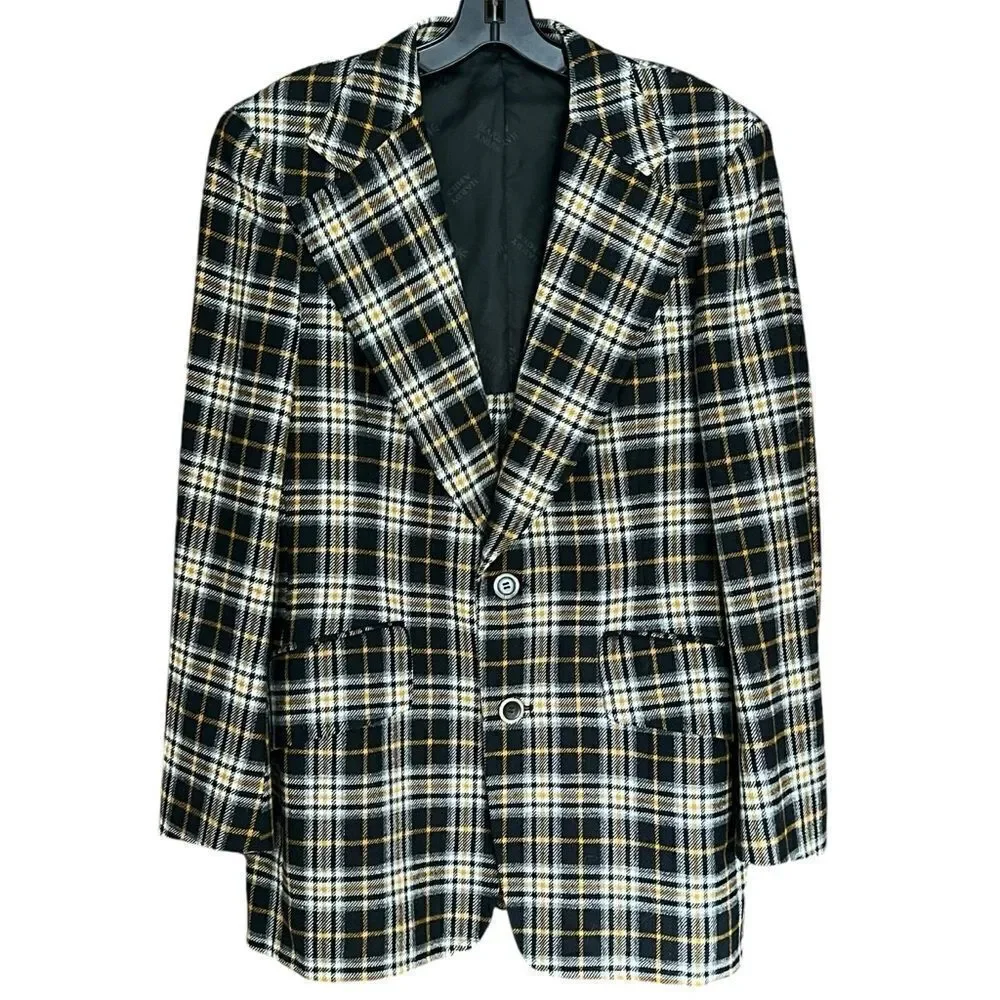 Hardy Amies of London Blazer Sport Coat. Plaid black/gray/gold/white. Sz 42R